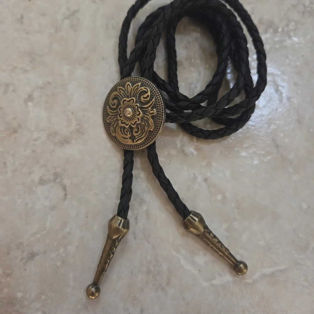 Western Black and Brass Color Bolo Tie Rodeo Wedding Party Cowboy Artsy Boho